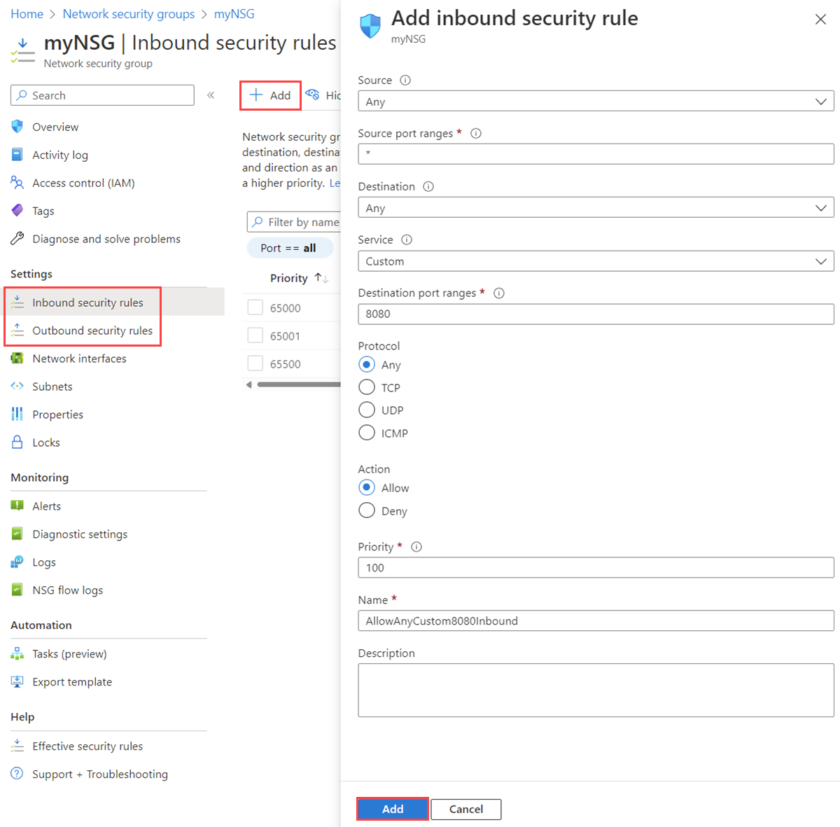 Captura de tela que mostra a adição de uma regra de segurança a um grupo de segurança de rede no portal do Azure.