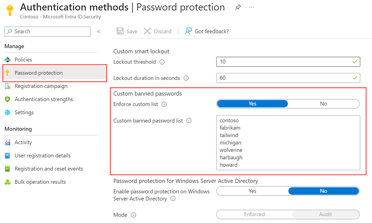 Modificar a lista de senhas proibidas personalizadas em Métodos de autenticação