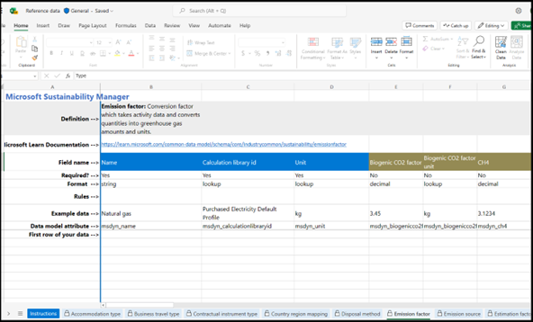 Captura de tela que mostra como inserir informações em uma guia de entidade no modelo do Excel.