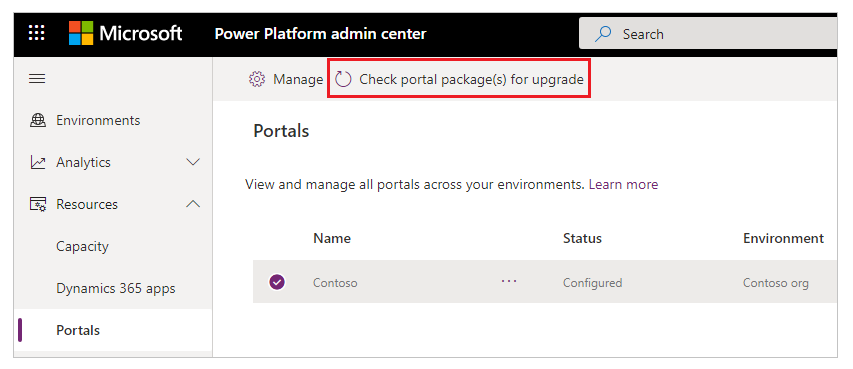 Selecione os pacotes de portal para atualizar.