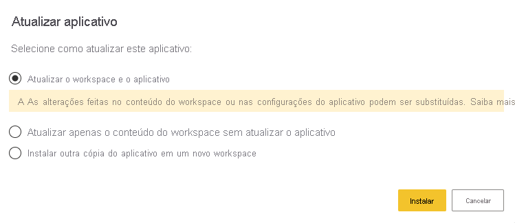 Captura de tela da caixa de diálogo Atualizar aplicativo.