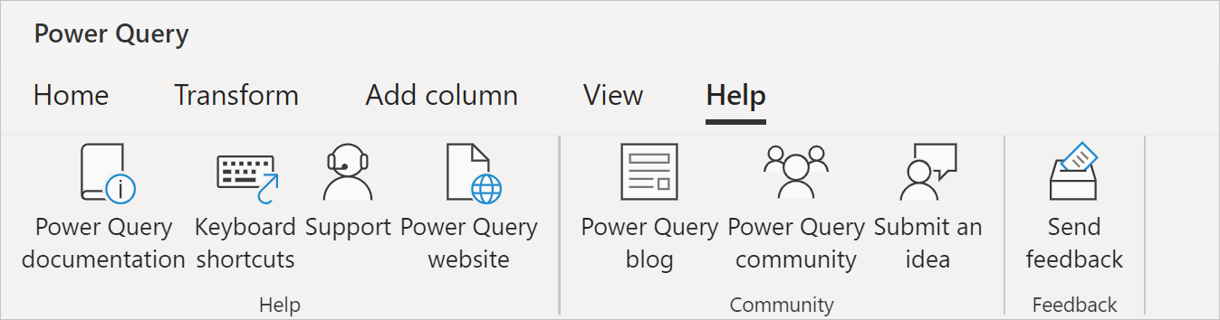 Captura de tela da guia ajuda com a documentação do Power Query com todas as opções de ajuda, comunidade e comentários exibidas.