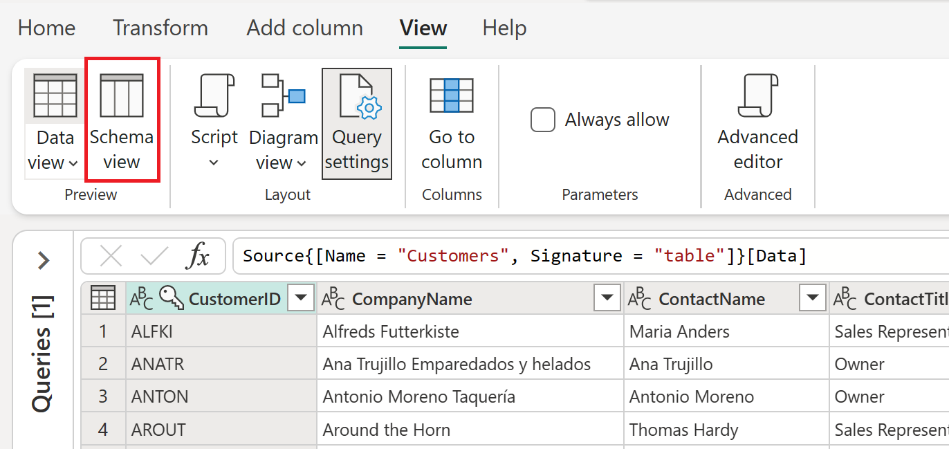 Captura de tela enfatizando o botão visão de Esquema encontrado dentro da guia Exibir na faixa de opções do Power Query.