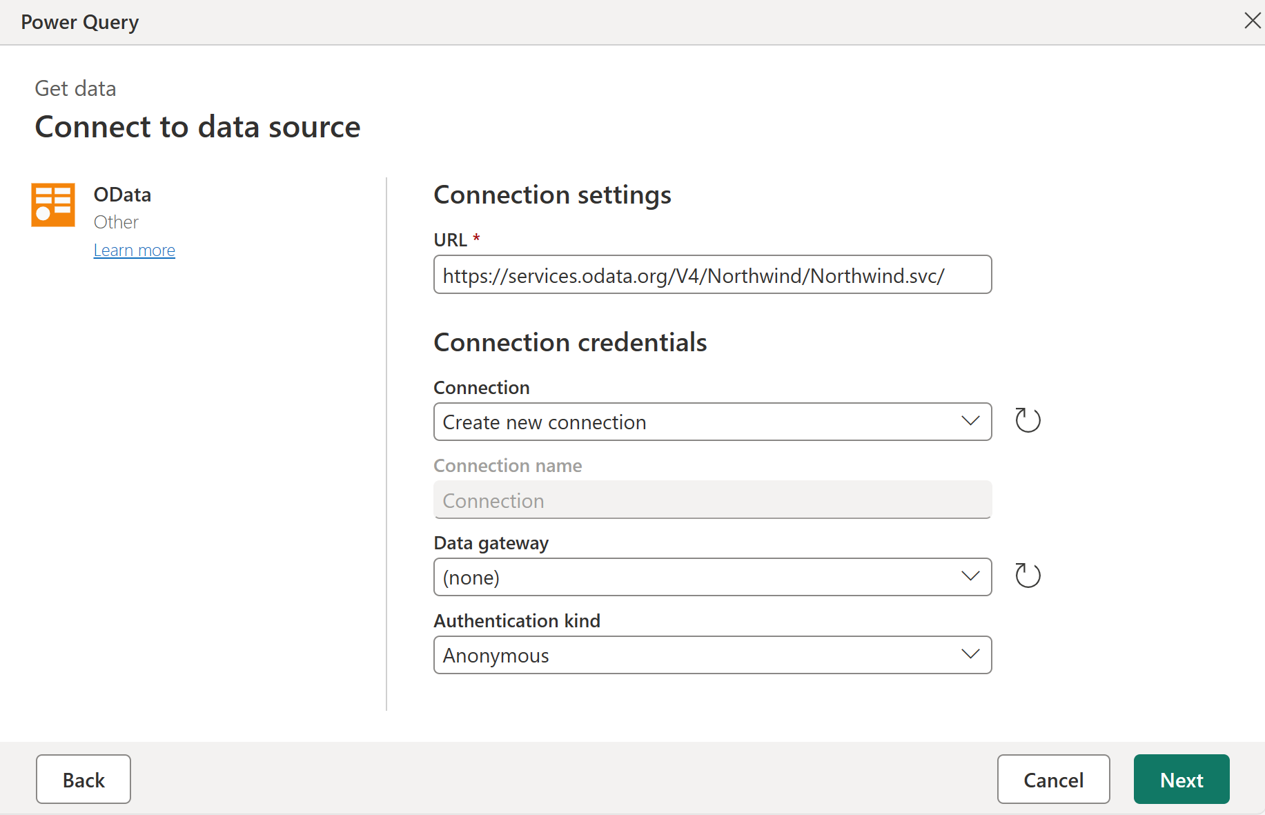 Captura de tela da página Conectar à fonte de dados do OData com o URI da Northwind inserido na seção URL.