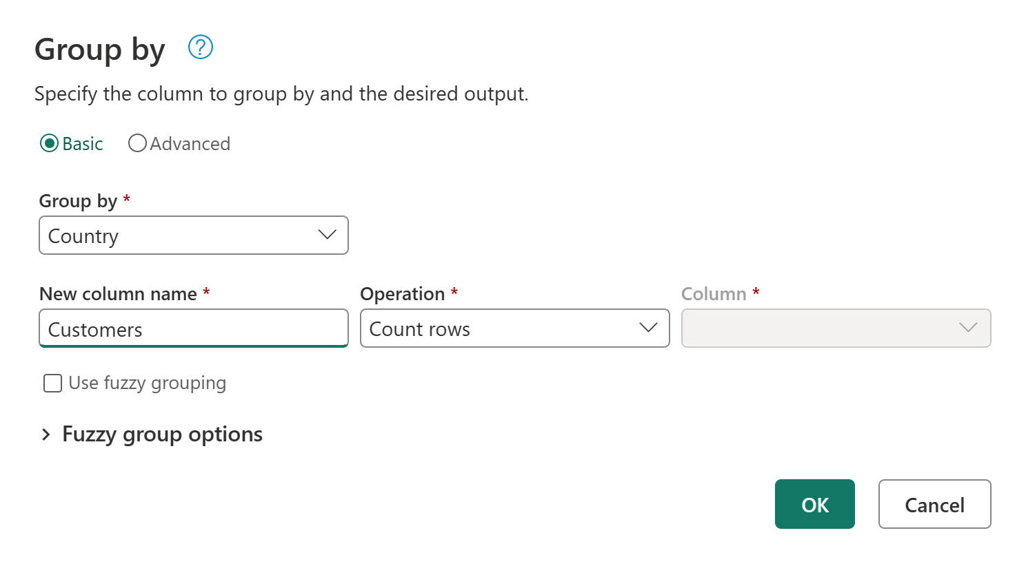 Captura de tela da caixa de diálogo Grupo básica com os dados dos clientes inseridos.