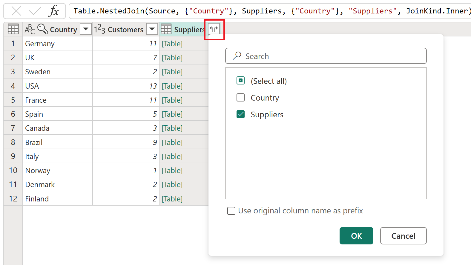 Captura de tela da coluna Fornecedores com o menu Fornecedores aberto e somente Fornecedores selecionados.