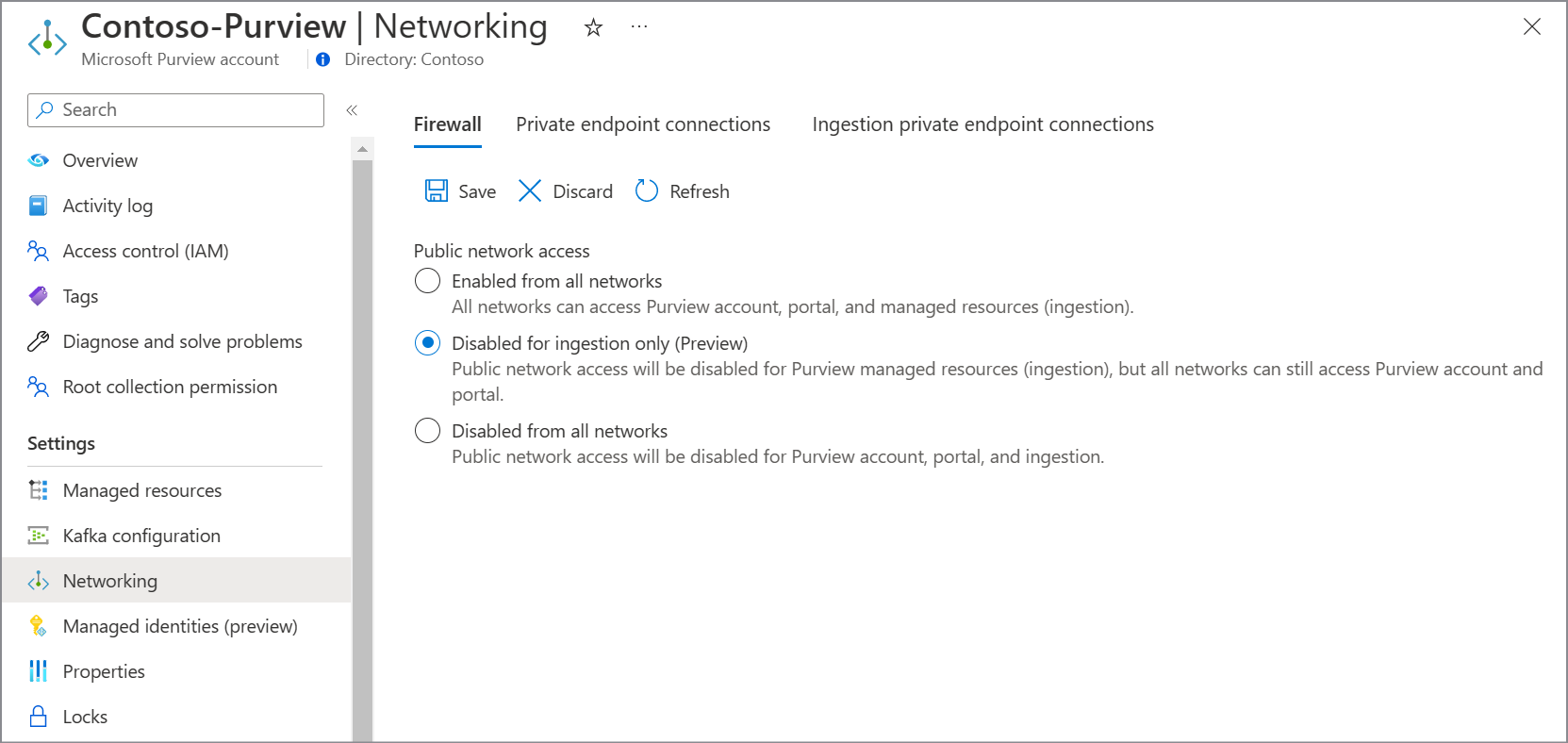 Captura de ecrã a mostrar a página de firewall da conta do Purview, a selecionar a ingestão apenas no portal do Azure.