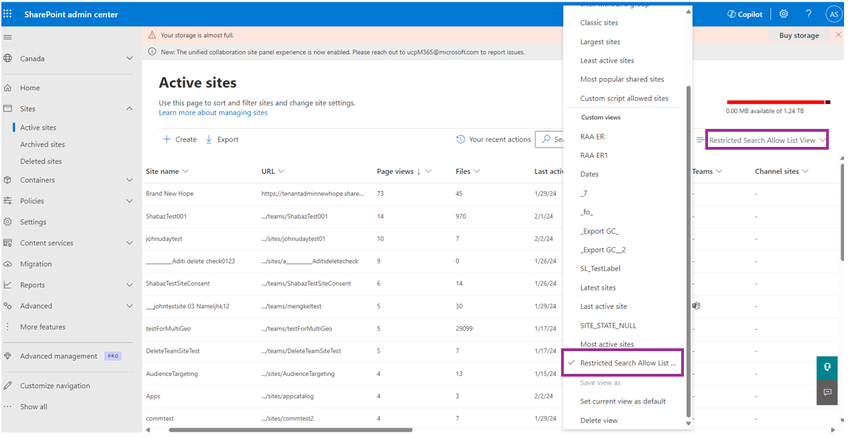 Captura de ecrã a mostrar a revisão da vista de sites ativos personalizados guardados