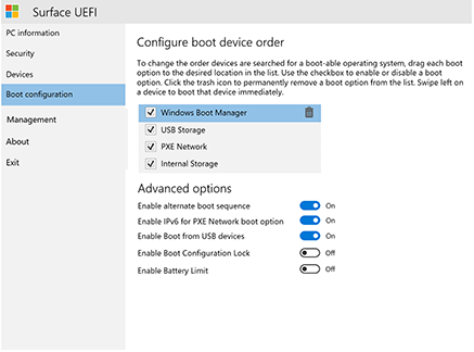 Configure a ordem de arranque do dispositivo Surface.