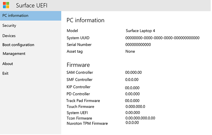 Informações do sistema e informações da versão de firmware.