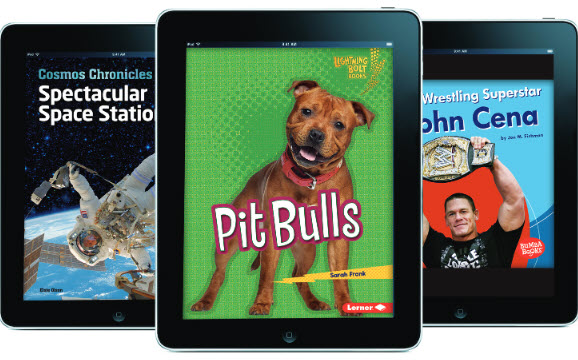 3 iPads with different cover images of ebooks by Lerner