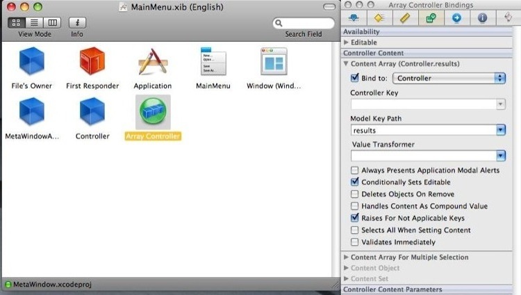 Configuring Cocoa Bindings for an NSArrayController in Interface Builder.