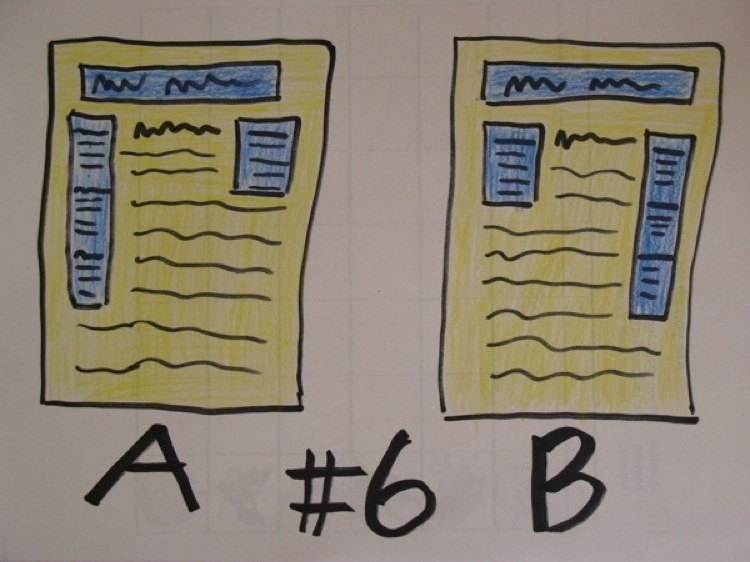 Two webpage layouts, labeled with an A and a B.