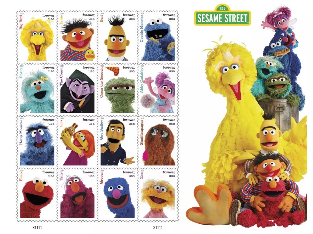 A sheet of stamps featuring 16 different Muppets from Sesame Street.