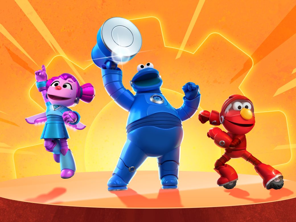 Mecha Elmo, Cookie Monster, and Abby Cadabby strike hero poses.