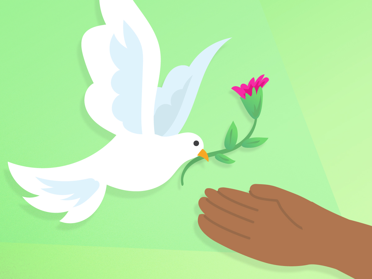 Illustration of dove with flower flying to hand