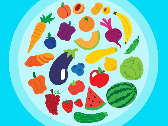 An animation of fruits and vegetables in a blue circle.