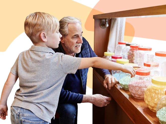 A caregiver and a child point out different snacks.