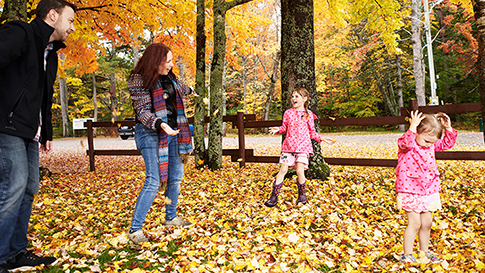 the Kenney family of four playing in the fall colored leaves