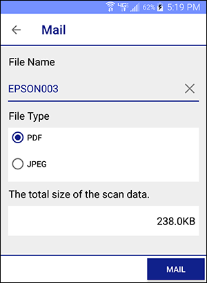 iPrint Mail window with file name, file tpye, and file size