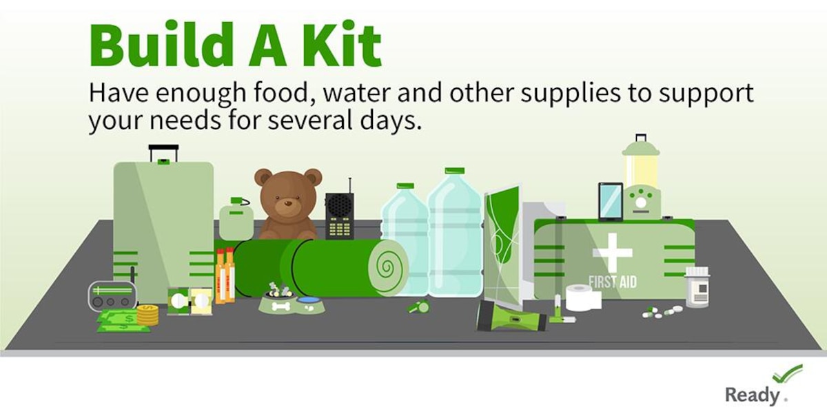 Graphic showing various emergency supplies and the text: Build a Kit - Have enough food, water and other supplies to support your needs for several days.