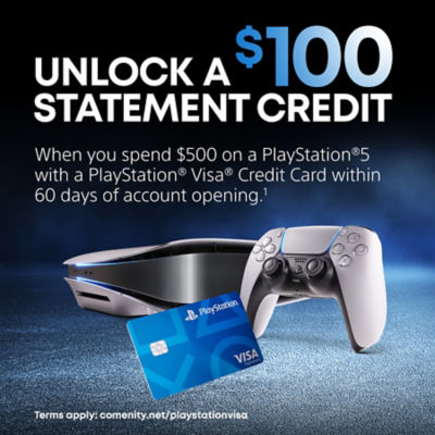 alt="Unlock a $100 statement credit. When you spend $500 on a PlayStation®5 with a PlayStation® Visa® Credit Card within 60 days of account opening. *Terms apply: comenity.net/playstationvisa"