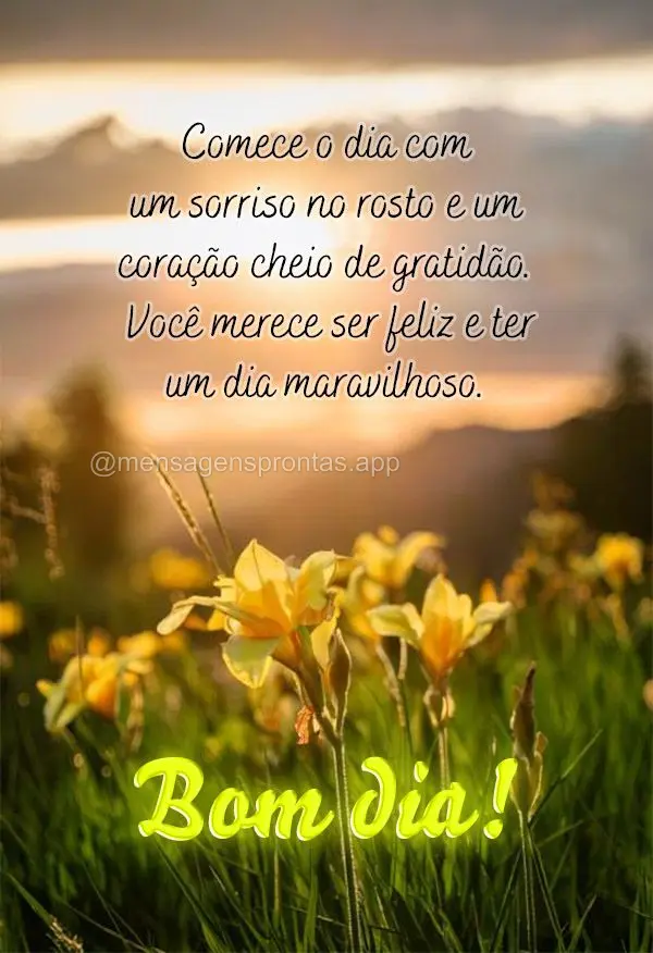 Comece o dia com um sorriso no rosto e um coração cheio de gratidão. Você merece ser feliz e ter um dia maravilhoso. Bom dia!