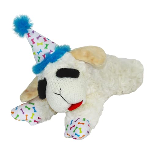 Multipet Lamb Chop Dog Plush Toy w/Birthday Hat - Squeaky Dog Toy for All Dogs - Soft Plush Dog Toy - Stuffed Animal Dog Toy 