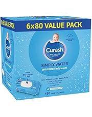 Curash Simply Water Baby Wipes - Ideal for Newborns - pH Balanced - Thick and Soft Design - Soap, Alcohol, Paraben &amp; Irritant Free - Wet Wipes - Baby Essentials - 6 x 80 Value Pack - 480 wipes