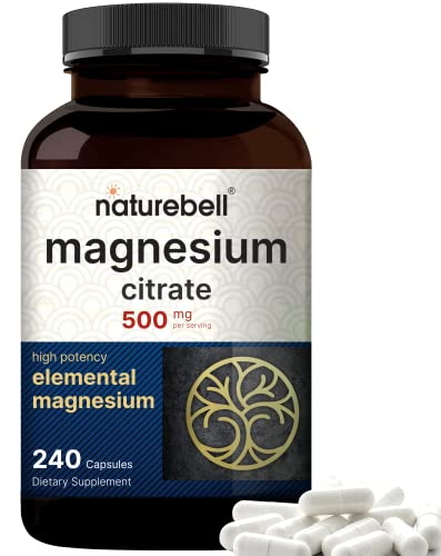 NatureBell Magnesium Citrate 500mg, 240 Capsules | High Purity Elemental Form – Extra Strength | Essential Mineral for Heart,