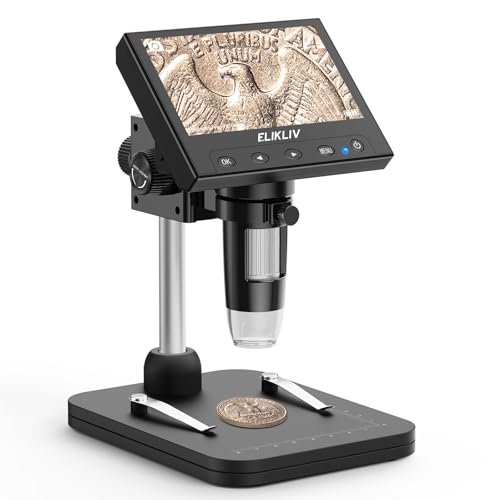 Elikliv Coin Microscope, 4.3'' LCD Digital Microscope 1000x, Coin Magnifier with 8 Adjustable LED Lights, PC View Compatible 