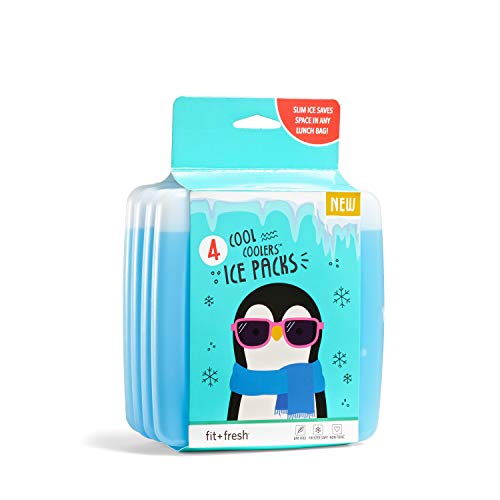 Cool Coolers by Fit + Fresh, 4 Pack Slim Ice Packs, Space Saving Reusable Ice Packs for Lunch Boxes or Coolers, Blue, Single 