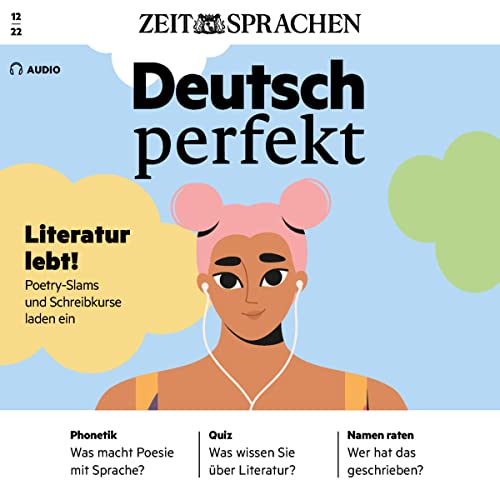 Page de couverture de Deutsch perfekt Audio - Poetry-Slams und Schreibkurse laden ein. 12/22