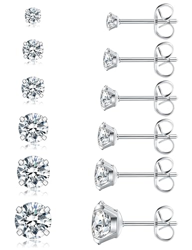 6 Pairs Stud Earrings Set, Hypoallergenic Cubic Zirconia 316L Earrings Stainless Steel CZ Earrings 3-8mm (Steel color)