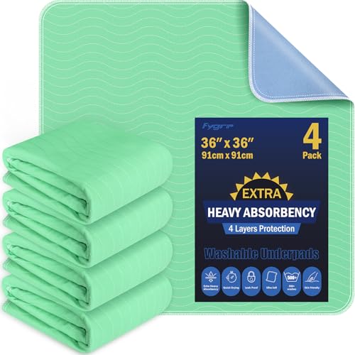 4 Pack 36” x 36” Extra Heavy Absorbency Washable Underpads, Waterproof Quick Drying Nursing Pads Incontinence Bed Pads, Reusa