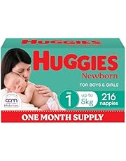 Huggies Newborn Nappies Size 1 (up to 5kg) 216 Count - One Month Supply (Packaging May Vary)