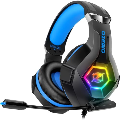 Cascos Gaming, Auriculares Gaming con Micrófono Rotatorio, Luz RGB, Premium Stereo, Orejeras Ligero Cómodo, para PS4 PS5 Xbox