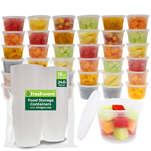 Freshware [240 Pack] 16 oz Food Storage Containers With Lids, Plastic Containers, Freezer Safe | Meal Prep | Stackable | Leak