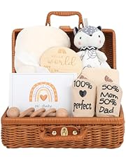 Omebel Baby Shower Gifts, New Born Baby Gifts for Girls Boys, 8PCS Baby Gifts Basket Essential Stuff, Baby Lovey Blanket Newborn Bibs Socks Wooden Rattle Greeting Card, Baby Girl Newborn Essentials