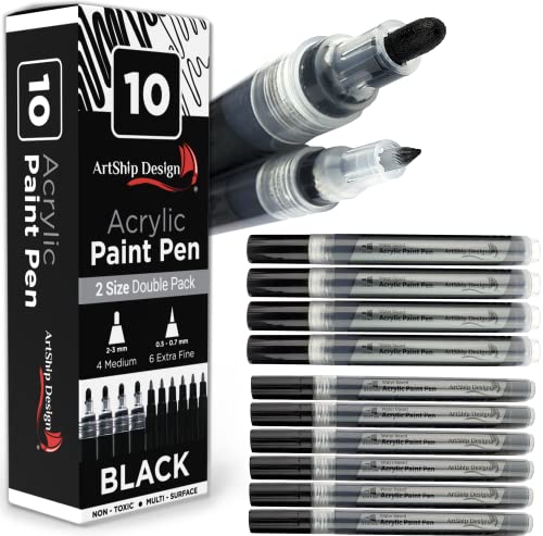 ArtShip Design 10 Black Acrylic Paint Pens, Double Pack of Both Extra Fine and Medium Tip Paint Markers, for Rock Painting, M