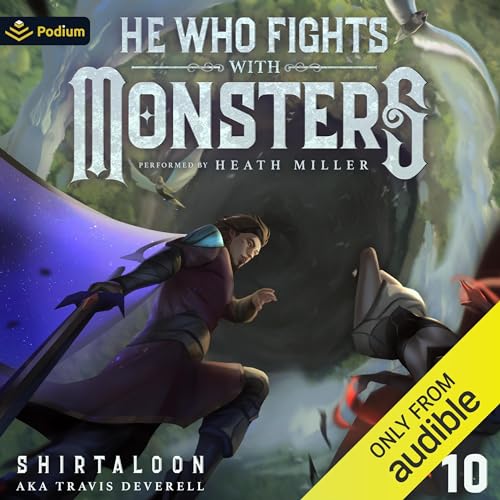 Diseño de la portada del título He Who Fights with Monsters 10