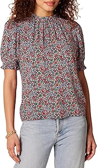 Image of Amazon Essentials Camisa en Sarga Fluida con Manga Corta Abullonada y Detalle Fruncido Mujer