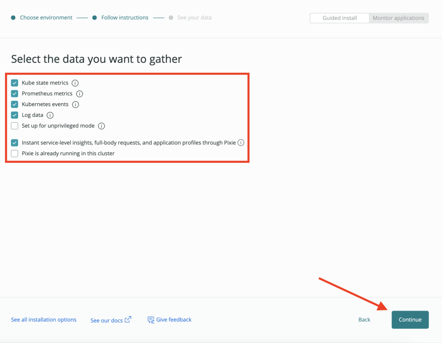 Configuration screen for "Select the data you want to gather."