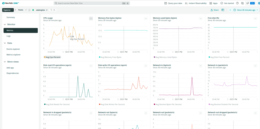 New Relic's Metrics tab in Explorer shows a wide range of infrastructure metrics.