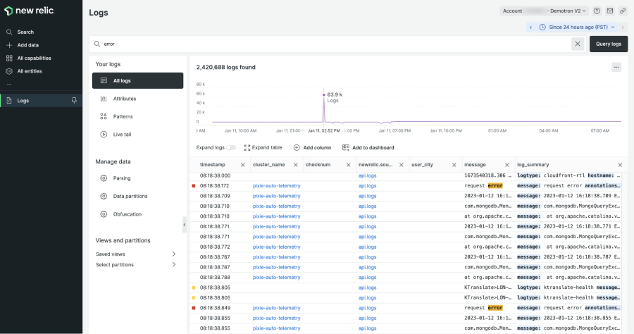 Screenshot of New Relic logs page