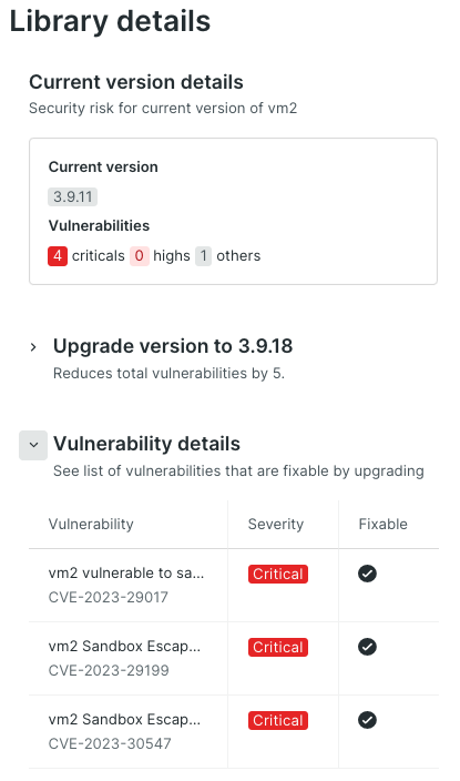 The view of a library's details in New Relic, showing the version number and vulnerabilties