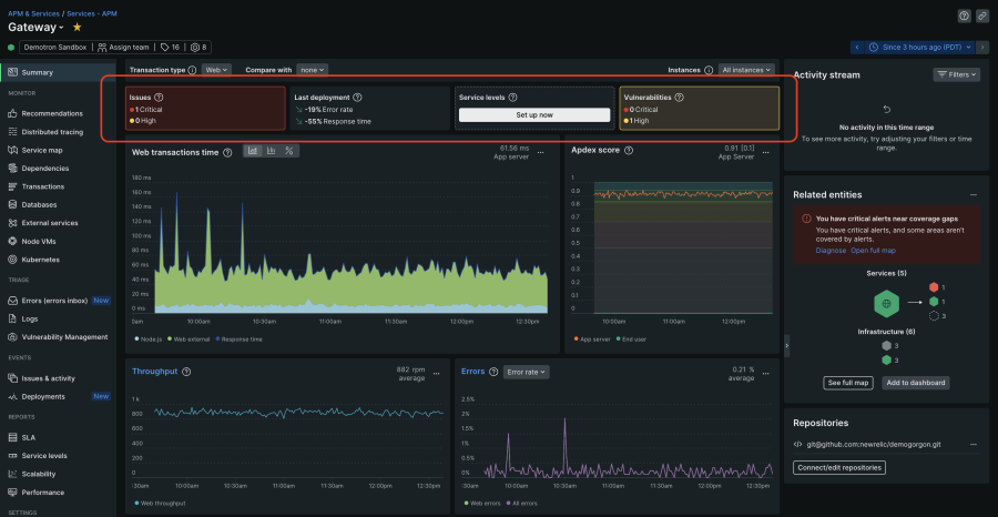 Screenshot of APM 360 summary tiles, showing issues, deployments, service levels and vulnerabilities for the Gateway service.