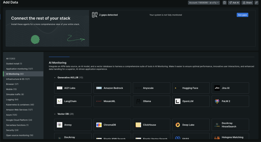 Funcionalidade do AI Monitoring sob "Add Data" 