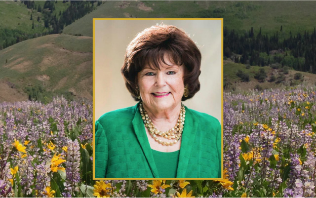 Foreground: Headshot for Regent Lois Tarkanian, background: a verdant valley covered by yellow and purple wildflowers.