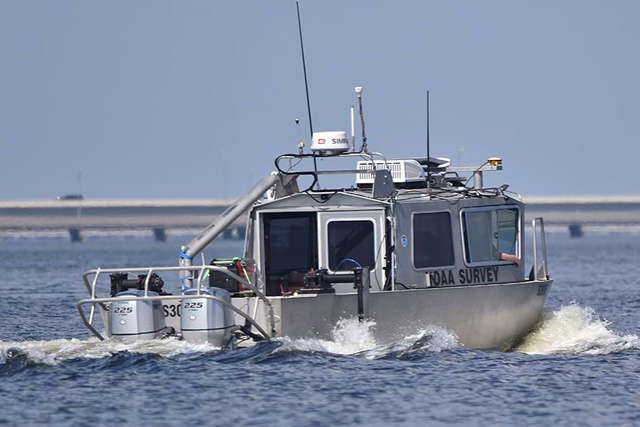 A NOAA survey boat examines Tampa Bay's shipping channels in the wake of Hurricane Milton Saturday, Oct. 12, 2024. (Credit: NOAA National Ocean Service/Douglas E. Jessmer)